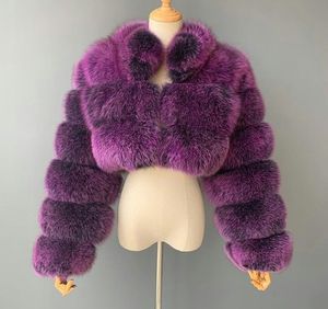 Purple <b>Fox</b> <b>Fur</b> Crop <b>Coat</b> Full Sleeve Fluffy Winter Outerwear Elegant Casual Pullover Style Solid Color Thick <b>Fur</b> Trim - Product Image 1