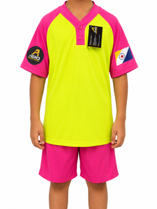 Ensemble de maillots de football américain personnalisables AERO pour garçons, jaune fluo et rose, col en V, manches courtes, polyester anti-humidité, color-block - Product Image 1