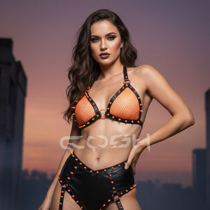 Neon Orange Fishnet Spiked Halter Bra With Black Leather Trimmed Mesh Bralette with Punk Spikes & O-Rings - Product Image 2