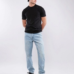 Jean en denim délavé coupe droite pour homme, taille mi-haute, coupe classique, en coton, style décontracté printemps, bleu clair - Product Image 1