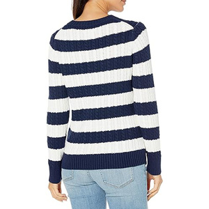 Men's Blue White Striped Cable Knit Pullover <b>Sweater</b> Autumn Long Sleeve Cotton <b>Crewneck</b> - Product Image 6