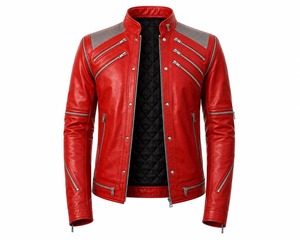 Veste de motard en cuir rouge à col montant, faite à la main, Ultimate Michael Jacksson Beat It |   Costume de style rockstar des années 80 pour hommes - Product Image 1