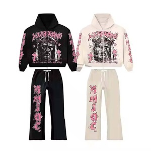 OEM Streetwear Custom Distressed Embroidered Patch Rhinestone Zip up Hoodie and <b>Sweatpants</b> <b>Set</b> Men Acid Wash Tracksuit - Product Image 5