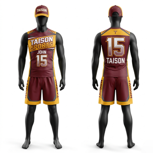 Uniforme de voleibol de playa premium de poliéster de 180 GSM, diseño de paneles en color granate y dorado, sin mangas, sublimación, logotipo personalizado - Product Image 6