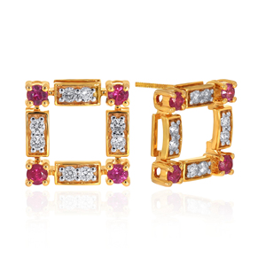 Boucles d'oreilles clous de créateur en diamant et rubis de culture, or jaune 18 carats, bijoux fins géométriques, boucles d'oreilles de luxe pour femmes, vente en gros - Product Image 2
