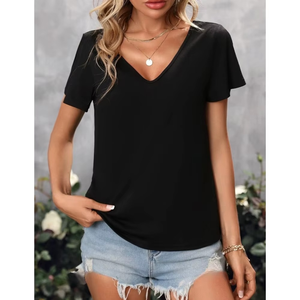 Camiseta de Verano para Mujer, Casual, Cuello en V, Holgada, Manga Corta, Poliéster, Color Liso, Venta al Por Mayor - Product Image 5
