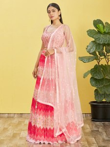 Pink Embroidered Lehenga Choli Set Traditional Semi Stitched Women Outfit With <b>Net</b> Dupatta for Wedding Festival - Product Image 1