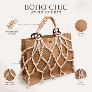 Sac fourre-tout en fibres naturelles tissé à la main avec un design en macramé, poignées en perles de bois, sac à bandoulière bohème pour la plage et le shopping - Product Image 6