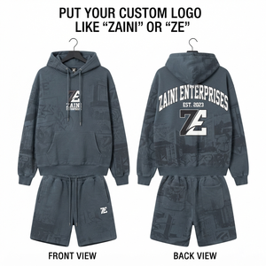 Ensemble court d'hiver respirant en molleton de coton uni de qualité supérieure pour homme, 340 GSM, avec logo personnalisé en strass sur le devant, coupe ample - Product Image 1