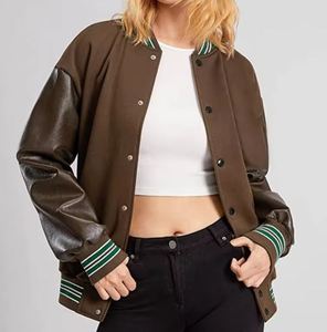 Chaqueta Universitaria de PU Marrón para Mujer, Estilo Casual con Botones, Chaqueta Deportiva de Béisbol, Corte Regular, para Otoño - Product Image 5