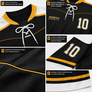 Camiseta de hockey sobre hielo para hombre, personalizada, en negro, blanco y dorado, con cuello con cordones y número de jugador personalizado - Product Image 3