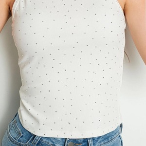 Customized <b>Womens</b> <b>Black</b> Ribbed High Neck <b>Tank</b> <b>Top</b> With Rhinestone Floral Design Sleeveless Summer Customized Manufacturer - Product Image 3