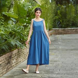 Robe longue décontractée d'été pour femme en coton et lin bleu, sans manches, coupe ample, style bohème - Product Image 1