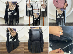 Bolso de Mano de Lujo de Alta Gama para Mujer, Diseño de Cuadros en Cuero Repujado, Flecos de Piel de Vaca, Bolso Bandolera Boho - Product Image 3