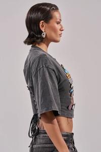 Crop <b>Top</b> T-Shirt With Colorful <b>Patchwork</b> Print Round Neck Short Sleeve Casual Style For Women - Product Image 4