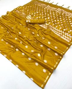 Sari en soie douce pour mariage et festivals, prêt-à-porter, disponible chez le fournisseur indien à prix de gros, entièrement cousu - Product Image 4