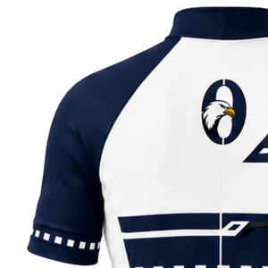 Maillot de cyclisme personnalisé bleu marine et blanc à manches courtes, fermeture éclair intégrale, respirant, séchage rapide, pour vélo de route, performance, course, vêtements de sport - Product Image 4