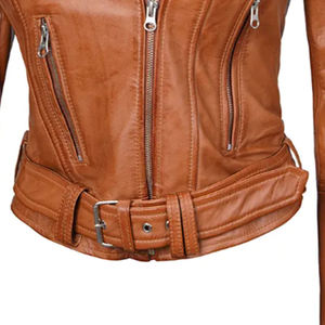 Brown PU <b>Leather</b> Moto <b>Jacket</b> Men Slim Fit Zipper Closure Belted Biker Style Autumn <b>Winter</b> Wear For Women - Product Image 6