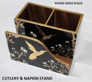 Wood Dekupage Cutlery Napkin Stand Rectangle Vintage Eco-Friendly <b>Storage</b> Box Handle Black <b>Gold</b> Bird Floral Design Kitchen - Product Image 1