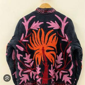 Velvet Embroidered Floral Blouson Jacket <b>Button</b> Collar Full Sleeve Handmade Breathable Eco-Friendly Autumn Women's Regular GIFT - Product Image 1