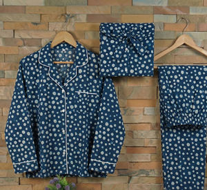 Ethnic Indigo Cotton Two Piece <b>Women</b> Sleep Clothing Artistic Handcrafted Lounge Apparel Supplier India - Product Image 5