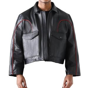 Veste en cuir véritable Letterman noire personnalisée pour hommes, fermeture éclair d'hiver de haute qualité, broderie de passepoil rouge, style décontracté, service OEM - Product Image 4