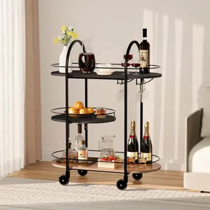 Modern Metal Storage Organizer Trolley with Powder Coated Finish <b>Black</b> Frame and Wooden Shelf - Product Image 2