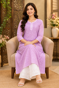 Exclusive Women Lavender <b>Chikankari</b> Hand Embroidered Straight Kurti Ethnic Floral <b>Suit</b> - Product Image 3