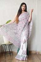 Saris en lin à motifs imprimés uniques en pur coton avec chemisier en lin pour femmes, pour un look magnifique lors de mariages et de festivals.