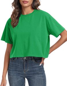 Camiseta Corta de Cuello Redondo Verde para Mujer, Corte Holgado, Color Sólido, Informal, Tejido de Punto Jersey, Transpirable, para Primavera/Verano - Product Image 2