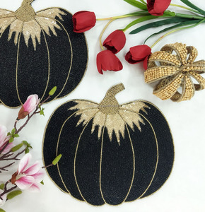 Luxury Customized Color Canvas Handmade Seed <b>Bead</b> Reusable 500mm Diameter <b>Placemat</b> Gold Sequin Detail Thanksgiving Fall Dining - Product Image 5