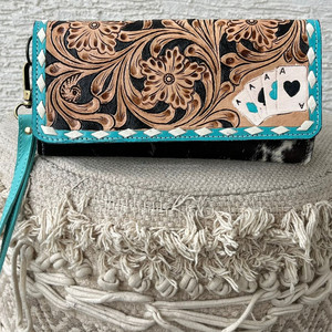 Nouveau portefeuille artisanal en cuir véritable de vachette, motif floral et cartes à jouer, fait main, style western, avec dragonne pour femme - Product Image 5