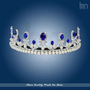 Fronture de cheval en cuir personnalisée haut de gamme, bleu roi, ornée de cristaux et de perles, style couronne/tiara, pour équestre, vente en gros, OEM - Product Image 1