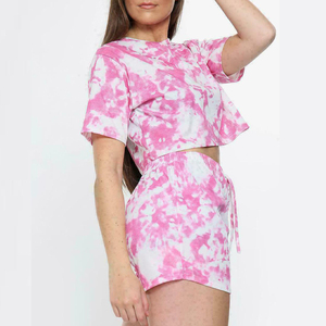 Women's 2 Piece <b>Tie</b> <b>Dye</b> Shorts <b>Set</b> Pink White Short Sleeve Crop Top Casual Spring Summer Knitted Outfit - Product Image 5