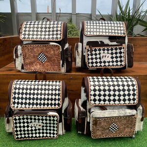 New Western Checkered Style Business Hand <b>Tooled</b> Leather Wholesale Fashion Genuine Cowhide Fur <b>Multi</b> Functional Travel Backpacks - Product Image 4