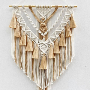 Tapisserie murale en macramé style bohème, en corde de coton, avec pompons géométriques, décoration murale pour chambre à coucher, salon, chambre d'enfant, 18 x 30 pouces, beige - Product Image 3
