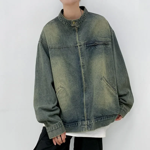 Veste en jean délavée de style américain unisexe, design rétro avec fermeture éclair, veste cargo de baseball à dégradé, col montant - Product Image 1