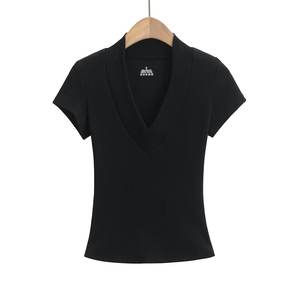 Women's V-Neck Short Sleeve Slim Fit <b>Woolen</b> Logo Print Patchwork T-Shirt Solid Color Casual Breathable Regular Length All - Product Image 4