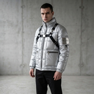 Chaqueta acolchada metálica para hombre, cuello alto, diseño de arnés acolchado, con cremallera, chaqueta de invierno, OEM, ODM, venta al por mayor - Product Image 4