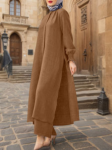 Conjunto de Ropa Étnica de Oriente Medio OEM Glory, Camisa con Puños Fruncidos de Nuevo Estilo Musulmán + Pantalones Largos Drapeados de Color Sólido, Gran Venta - Product Image 4