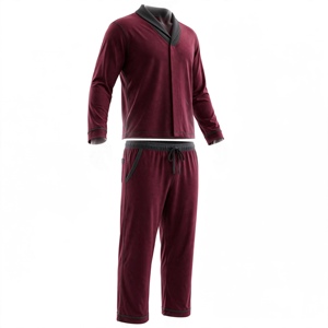 Men's Burgundy Long Sleeve <b>Pajama</b> Set With Gray Trim Soft Knitted 100% Cotton Casual Autumn Wear - Product Image 2
