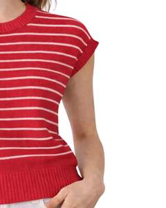 Suéter de punto sin mangas a rayas rojas y blancas para mujer, chaleco ligero con cuello redondo, top informal de moda de verano para mujer - Product Image 3