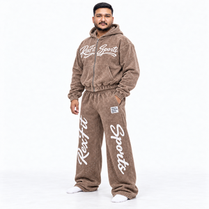 Ensemble sweat à capuche et pantalon en polaire marron unisexe RexFit Sports, tenue décontractée d'automne, motif imprimé par transfert thermique - Product Image 2