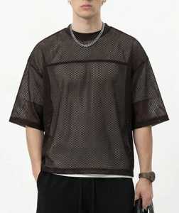 T-shirt ample vintage en maille tricotée écoresponsable 100 % polyester pour homme, respirant, style streetwear, manches courtes, coupe carrée - Product Image 4