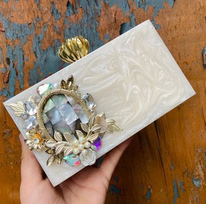 Luxury Pearl Resin <b>Storage</b> <b>Bag</b> Clutch <b>Bag</b> with Mother of Pearl Crystal Rhinestones & Floral Embellished Evening Wedding Handbag - Product Image 1