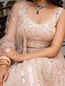 Peach Georgette <b>Lehenga</b> Choli Real Mirror Work Embroidered <b>Lehenga</b> Choli - Product Image 2