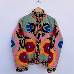 Chaqueta de Invierno Acolchada con Bordado Floral Suzani, Chaqueta Abierta Unisex de Estilo Bohemio para Festivales, Prenda Exterior Hecha a Mano con Cuello Alto - Product Image 1