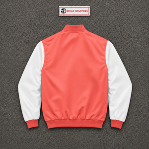 Chaqueta universitaria personalizada de satén rosa coral y blanco para hombre, chaqueta bomber de béisbol de primera calidad con mangas en contraste y cremallera completa - Product Image 6