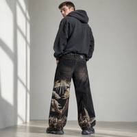 Jeans Baggy Oversize Vintage à Motif Personnalisé, Broderie 3D, Style Y2K, Coupe Droite, Noir Délavé à l'Acide, OEM pour Hommes