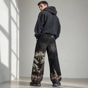 <span class=keywords><strong>Jeans</strong></span> <span class=keywords><strong>Baggy</strong></span> Oversize Vintage con Motivo Personalizzato, Ricamo 3D, Gamba Dritta, Nero Lavaggio Acido, OEM per Uomo - Product Image 3